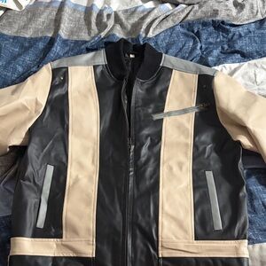 Men's Colorblock Faux Leather Bomber Jacket - Black & Beige Ferris bueller
